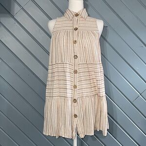 🥳 Promesa Striped Button Down Sleeveless Off White Mini Tunic Dress